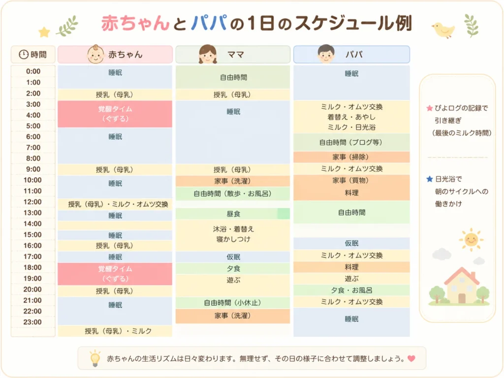赤ちゃん・ママ・パパの1日の育児スケジュール例を時間帯ごとにまとめた図