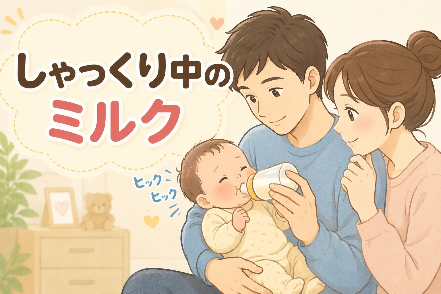 しゃっくり中の赤ちゃんにミルクを飲ませるパパと見守るママのイラスト