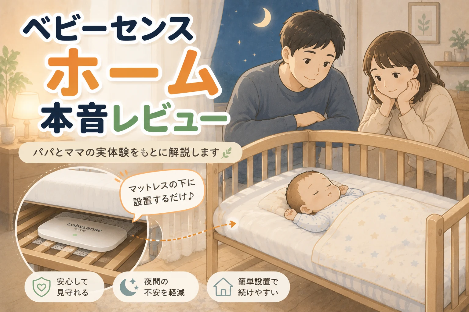 ベビーベッドで眠る赤ちゃんとマットレス下のベビーセンサーを見守るパパとママのイラスト