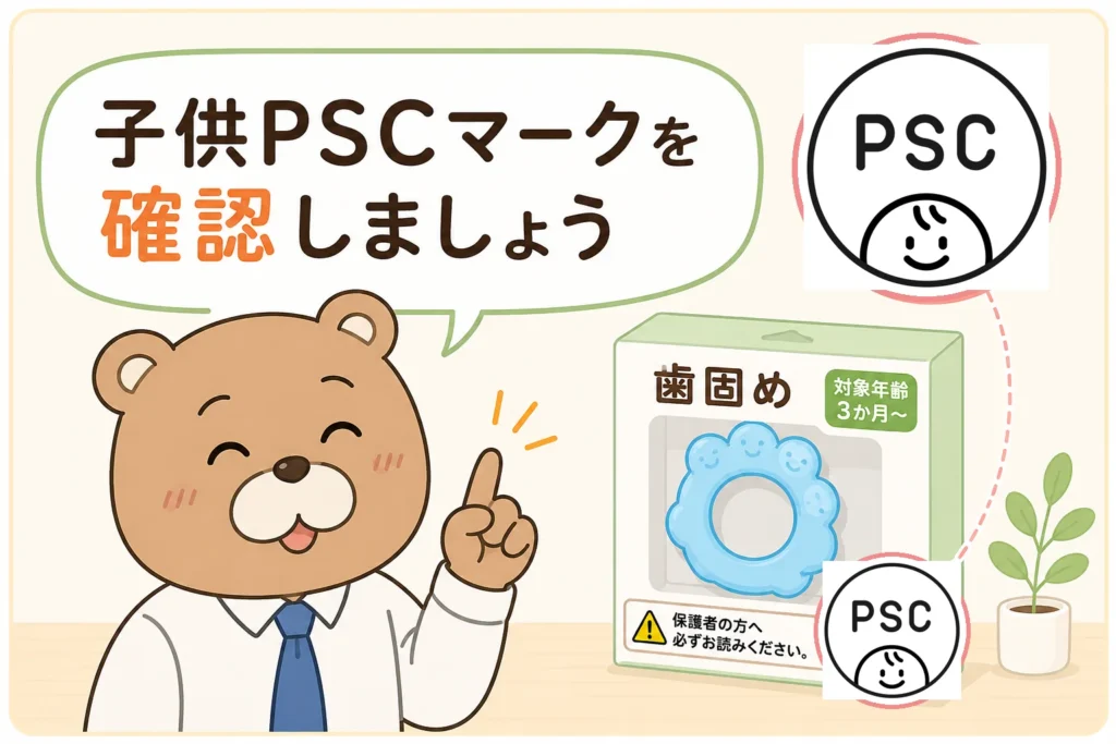 育休パパが歯固めの商品パッケージに表示された正しい子供PSCマークを確認するよう呼びかけるイラスト