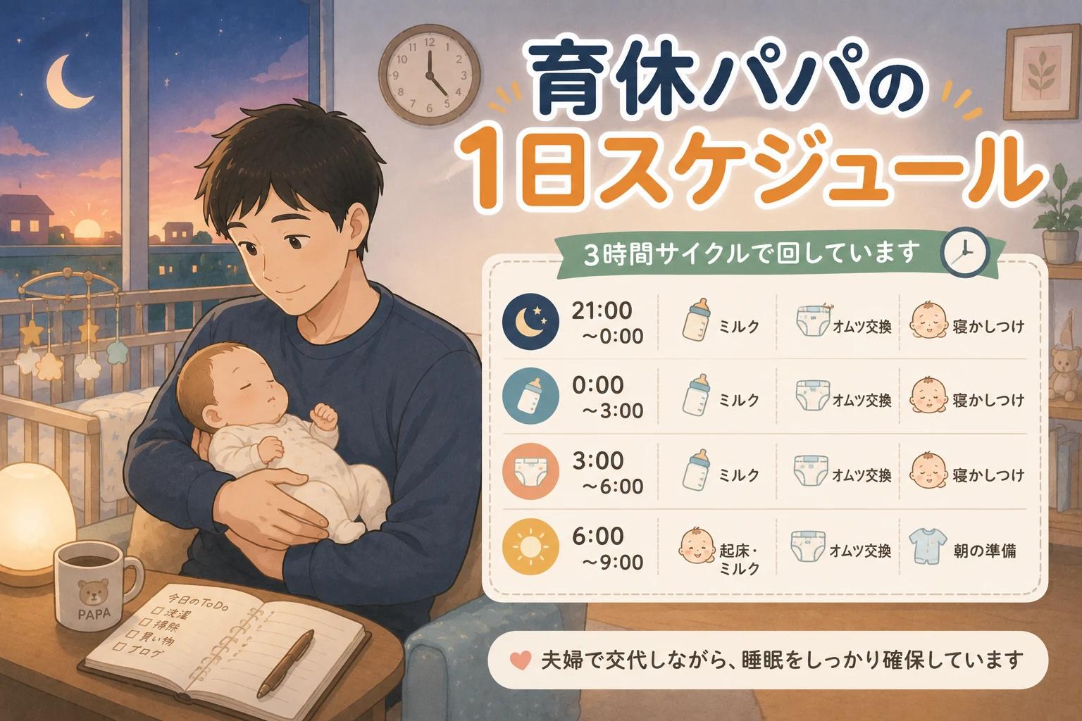育休中のパパが赤ちゃんを抱きながら1日の育児スケジュールを確認するイラスト