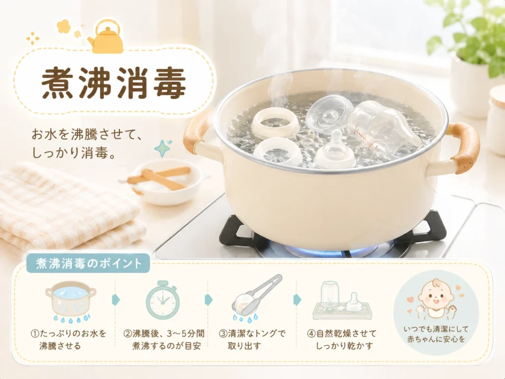 鍋のお湯で赤ちゃん用品を煮沸消毒するイメージ