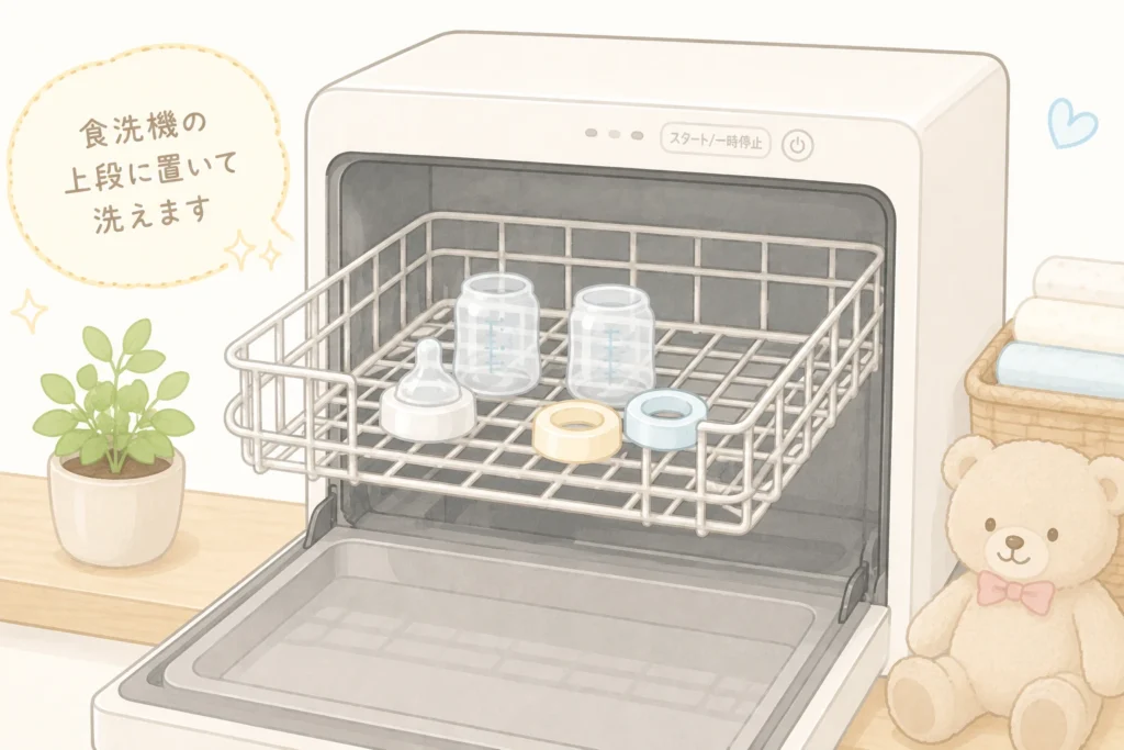 食洗機の上段に赤ちゃん用品を置いて洗うイメージ