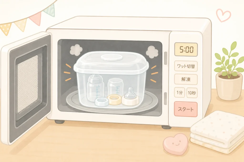 電子レンジ用の消毒容器で赤ちゃん用品を消毒するイメージ