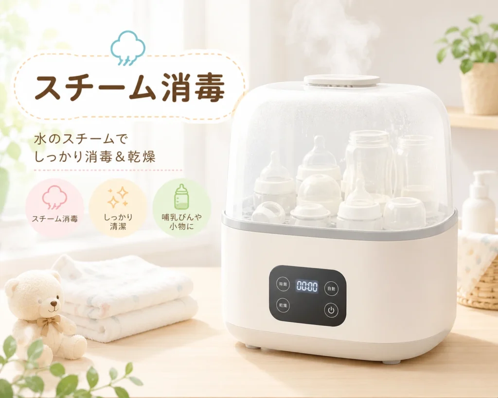 スチーム消毒器で赤ちゃん用品を消毒・乾燥するイメージ