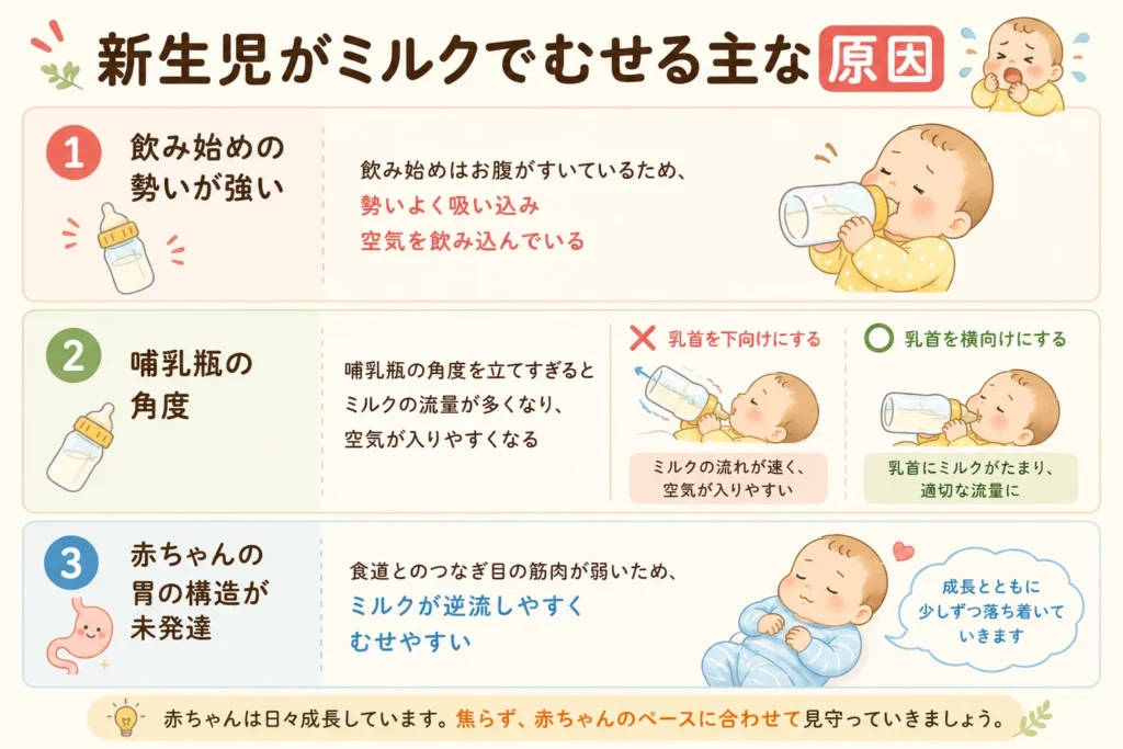 新生児がミルクでむせる主な原因を、飲み始めの勢い・哺乳瓶の角度・胃の構造に分けて説明した図