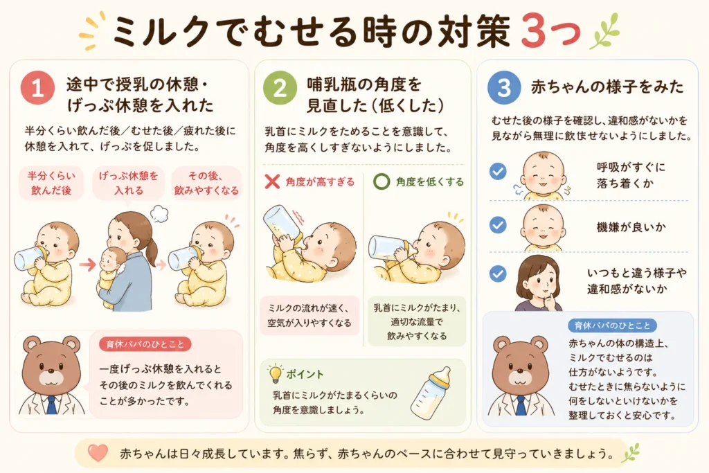 ミルクでむせる時に試した、授乳休憩・哺乳瓶の角度・赤ちゃんの様子を見る対策を説明した図