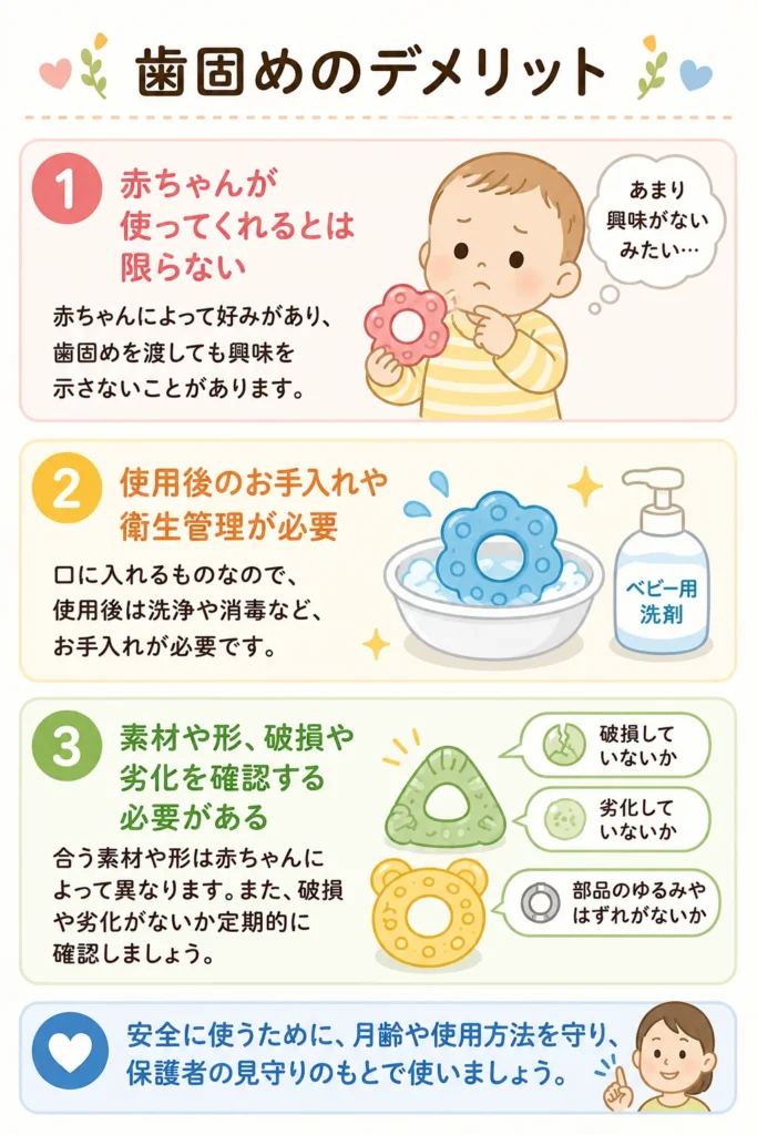 赤ちゃんが歯固めを使わない場合や、使用後のお手入れ、素材・形・破損・劣化の確認が必要なことを説明したイラスト