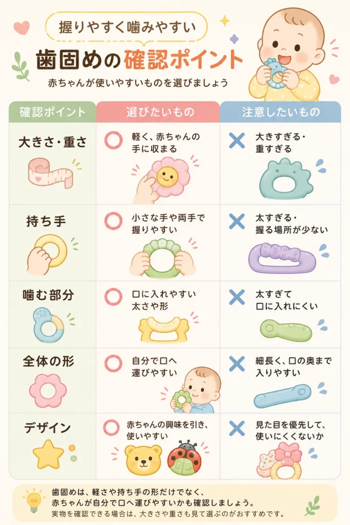 握りやすく噛みやすい歯固めを選ぶために、大きさ・重さ・持ち手・噛む部分・全体の形・デザインを比較したイラスト
