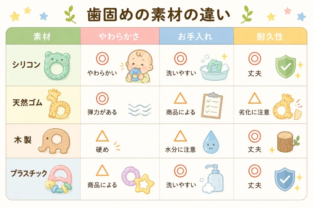 歯固めの素材ごとに、やわらかさ・お手入れ・耐久性を比較した表