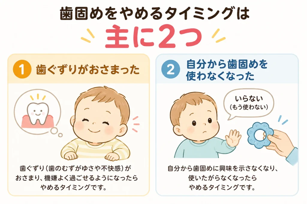 歯固めをやめる主なタイミングとして、「歯ぐずりがおさまったとき」と「自分から歯固めを使わなくなったとき」の2つを示したイラスト。