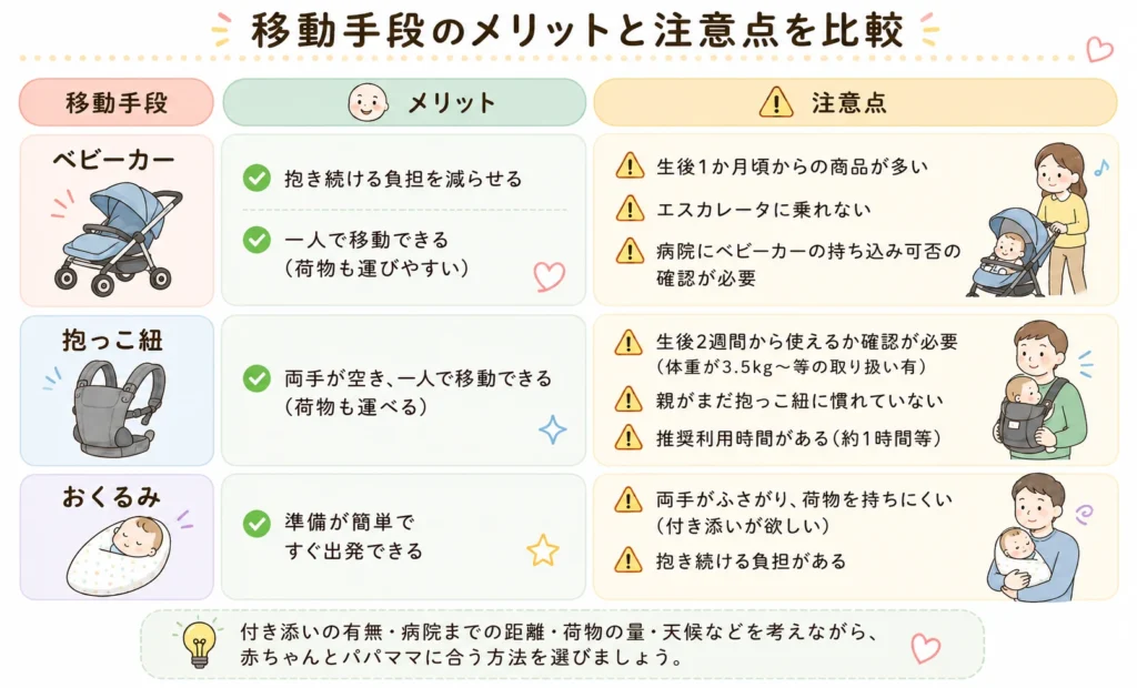 2週間健診の移動手段として、ベビーカー・抱っこ紐・おくるみのメリットと注意点を比較した図